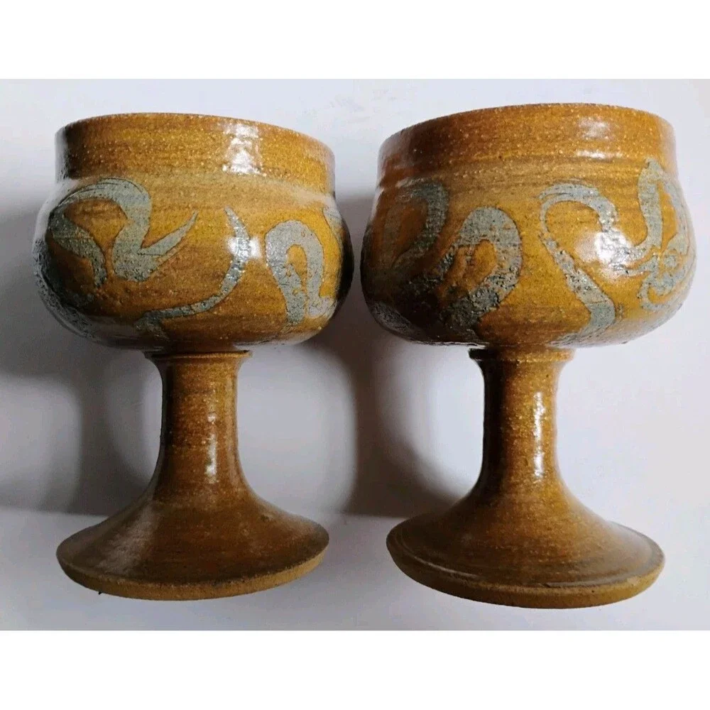 Vintage 1970s The Pottery Hawaii Steak House Stoneware Wine Goblets Pair